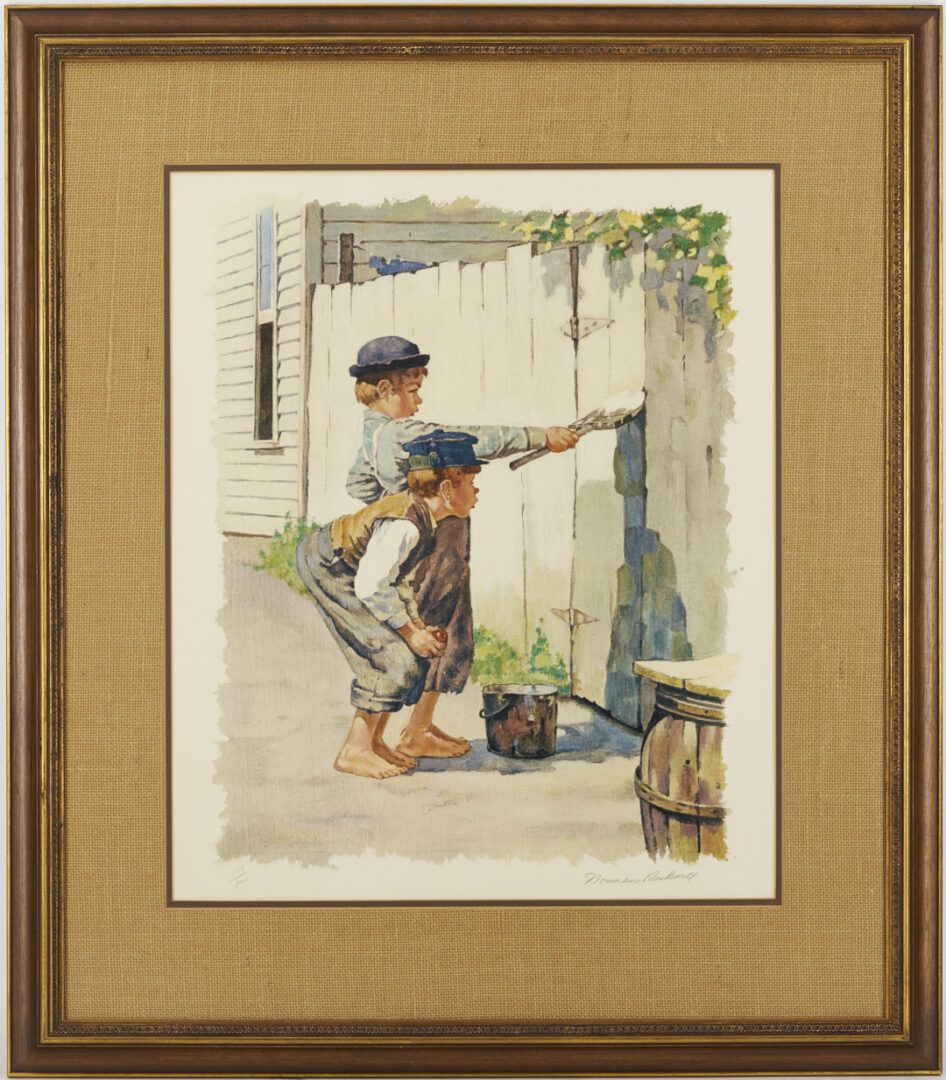 Lot 519: Norman Rockwell Signed Collotype, Tom Sawyer Whitewashing the Fence