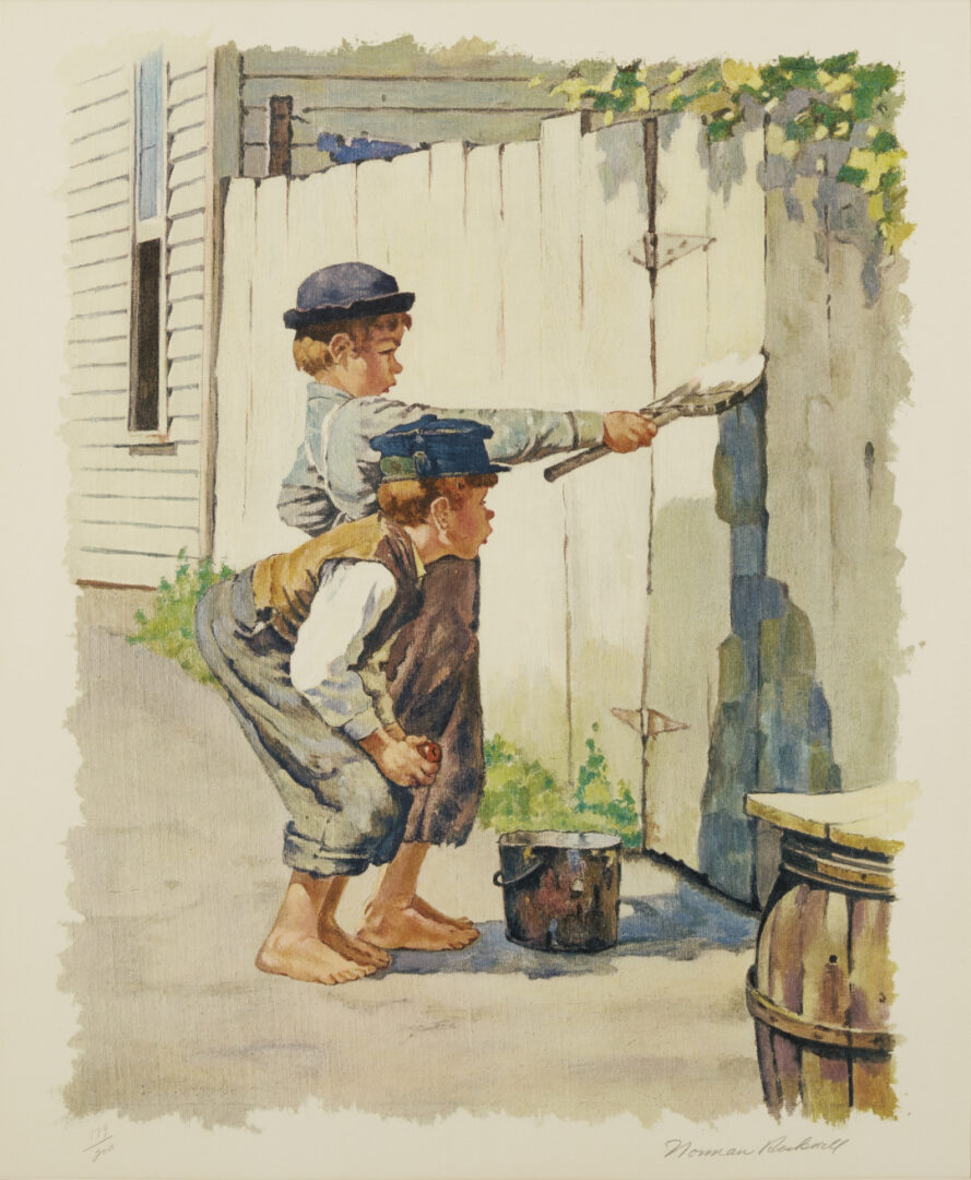 Lot 519: Norman Rockwell Signed Collotype, Tom Sawyer Whitewashing the Fence