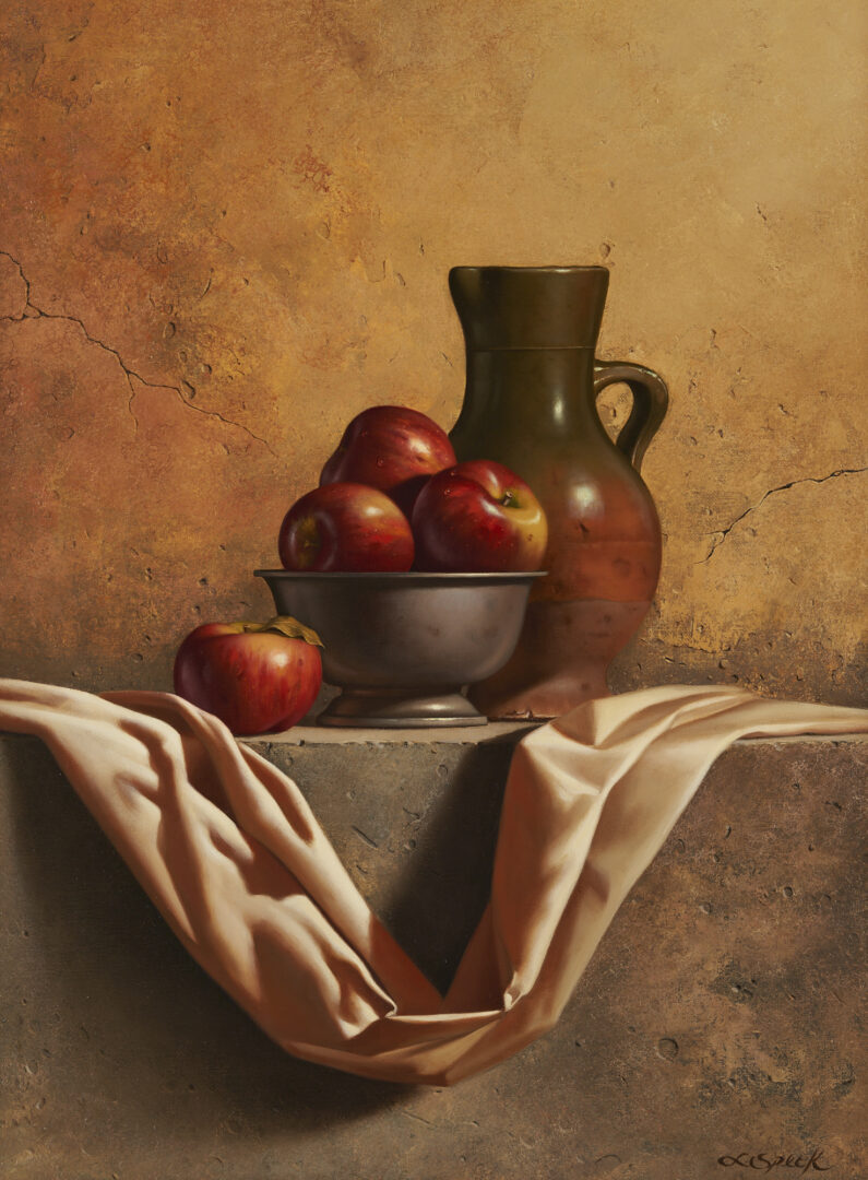 Lot 524: Loran Speck O/C Still Life with Apples