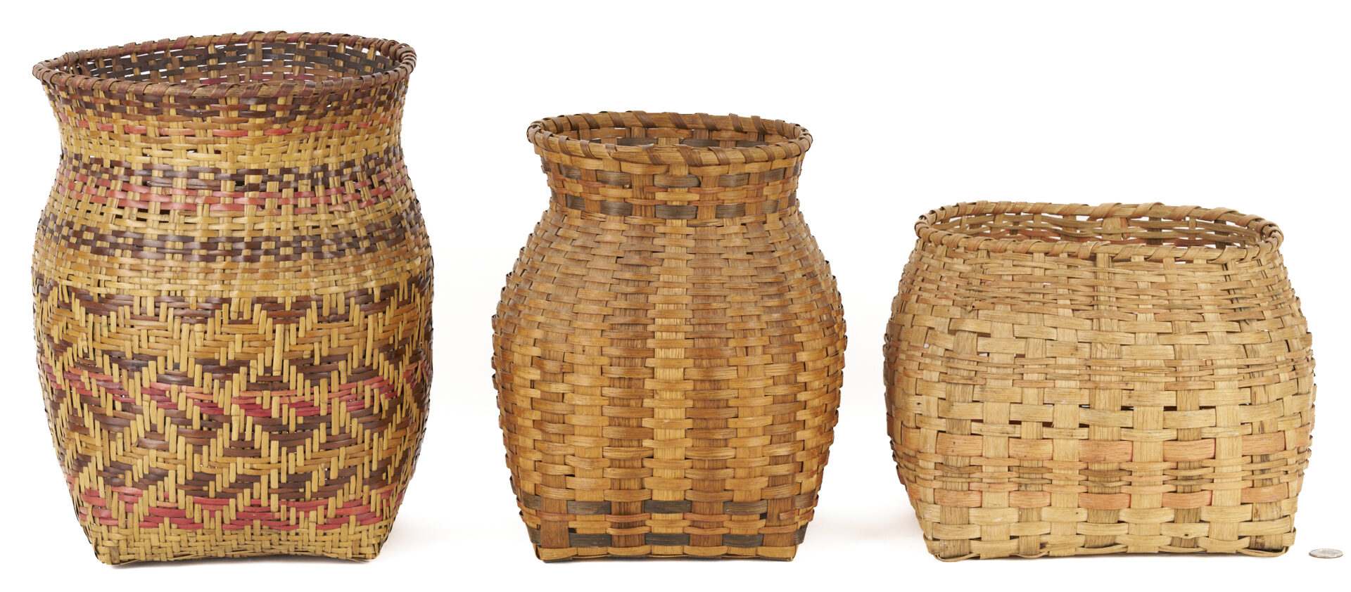 Lot 549: 3 Native American Cherokee Baskets, including Wastebasket forms