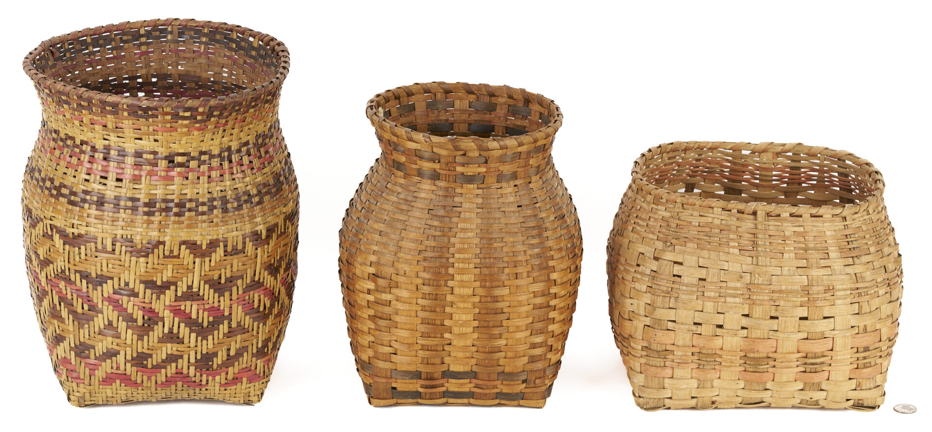 Lot 549: 3 Native American Cherokee Baskets, including Wastebasket forms