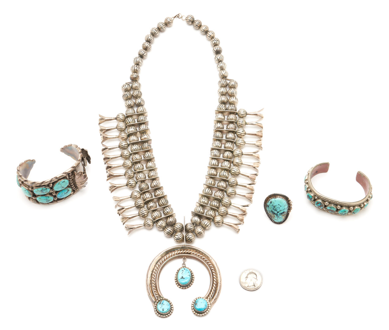 Lot 567: Four (4) Pcs. Native American Navajo Turquoise & Silver Jewelry