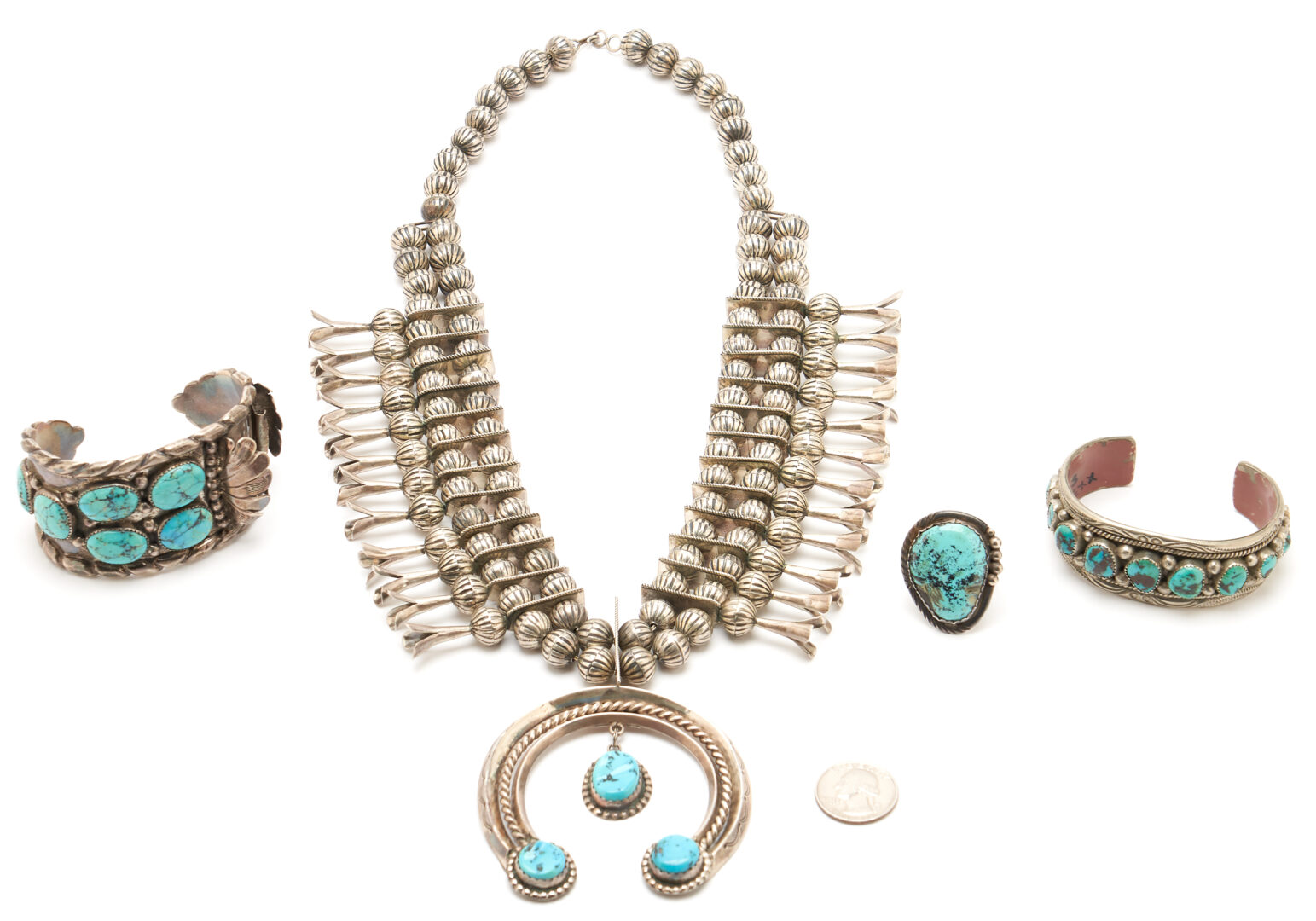 Lot 567: Four (4) Pcs. Native American Navajo Turquoise & Silver Jewelry