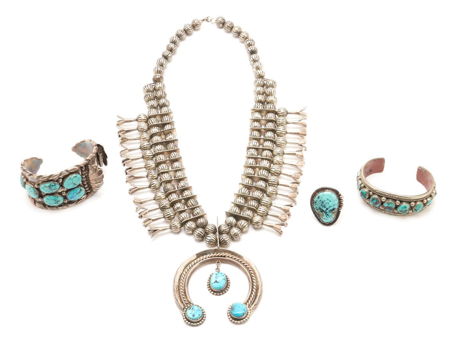 Lot 567: Four (4) Pcs. Native American Navajo Turquoise & Silver Jewelry