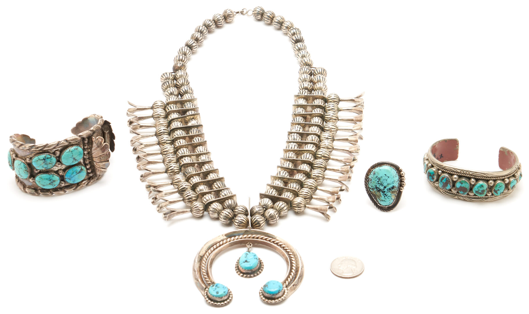 Lot 567: Four (4) Pcs. Native American Navajo Turquoise & Silver Jewelry