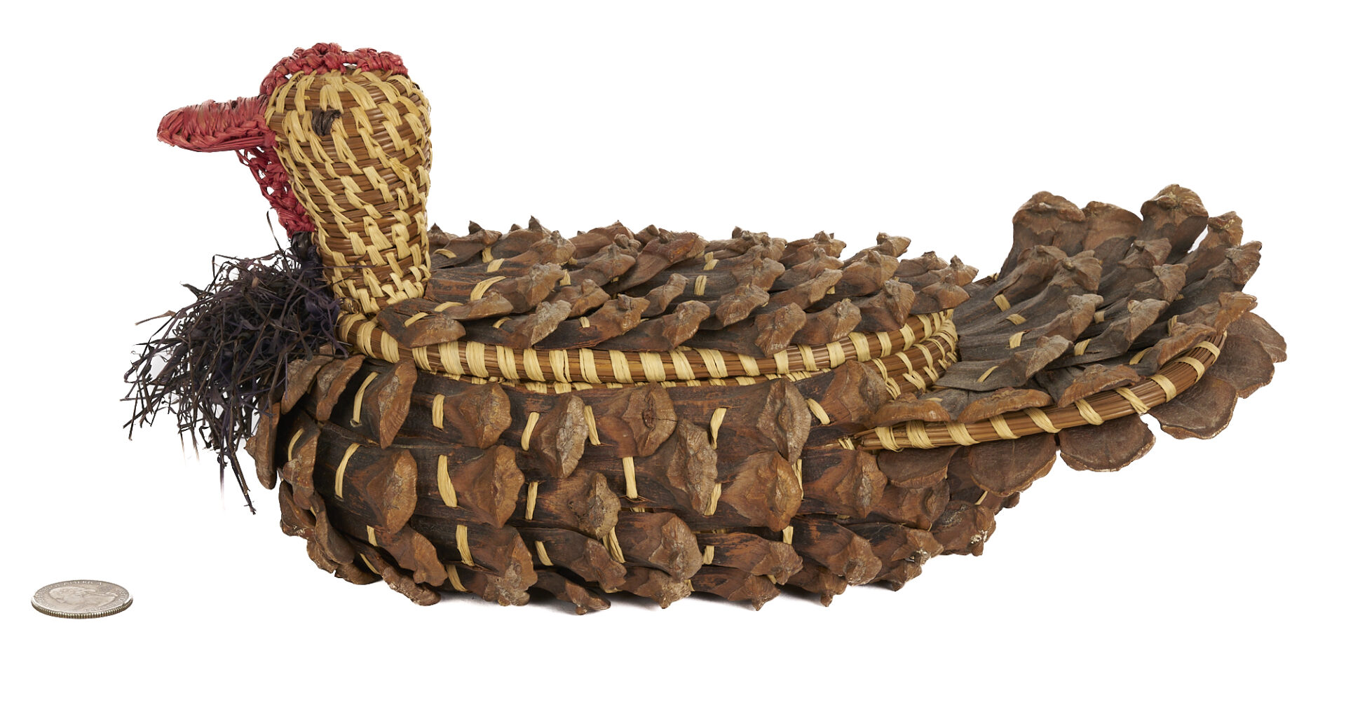 Lot 600: 4 Folk Art Carved Lures/Animals & Coushatta Pine Cone Basket