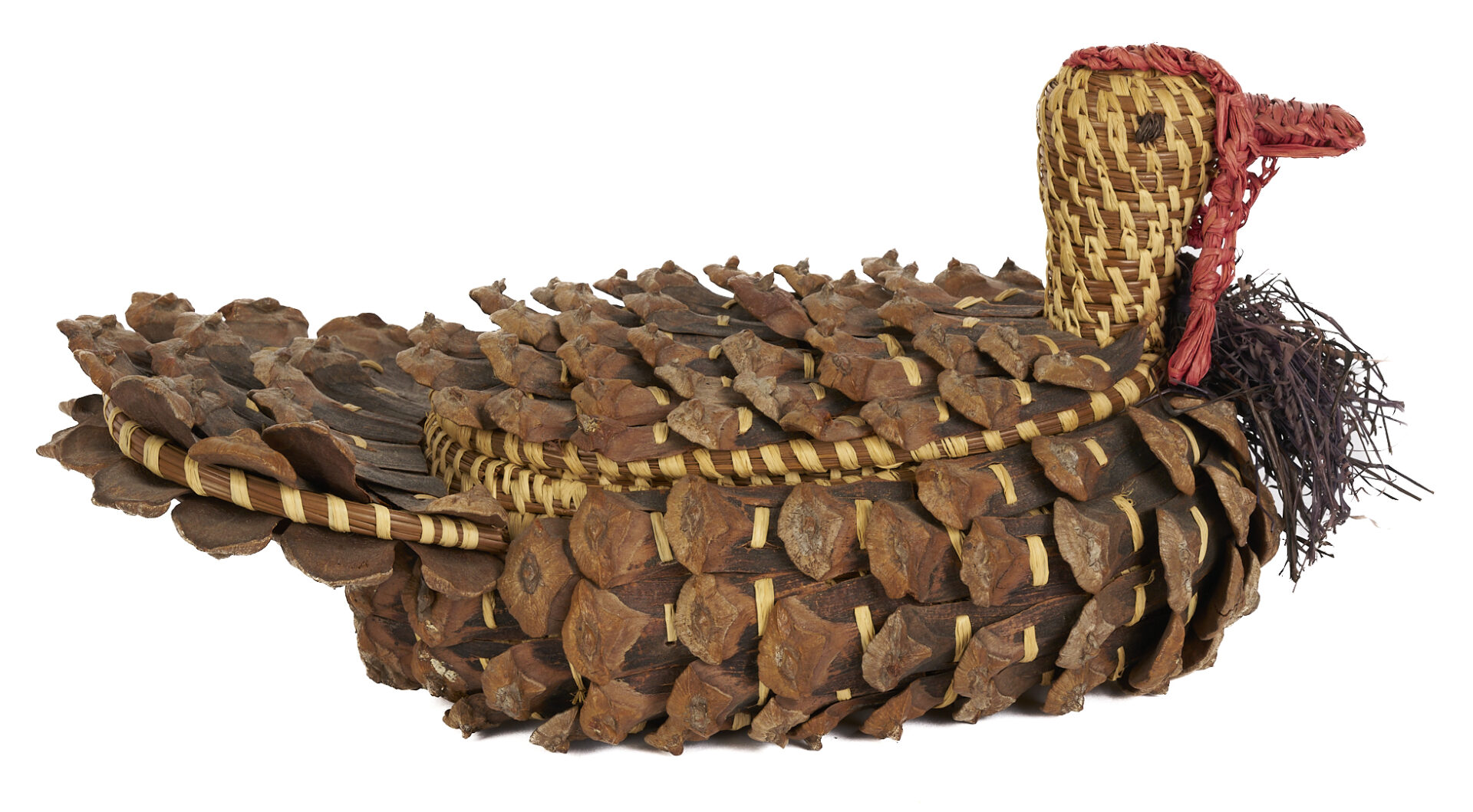 Lot 600: 4 Folk Art Carved Lures/Animals & Coushatta Pine Cone Basket