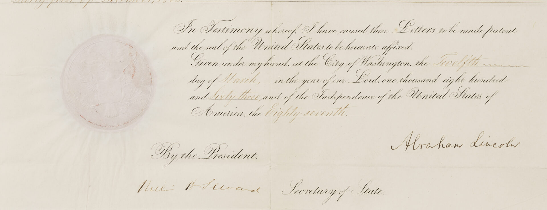 Lot 623: Abraham Lincoln Signed Governmental Document, 1863