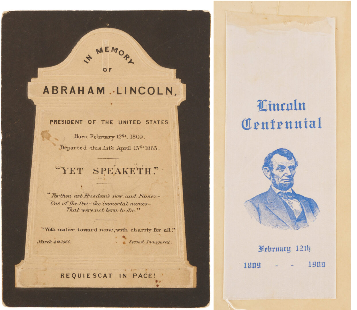 Lot 624: Abraham Lincoln Embossed Mourning Card & Centennial Ribbon