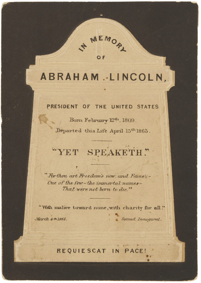 Lot 624: Abraham Lincoln Embossed Mourning Card & Centennial Ribbon