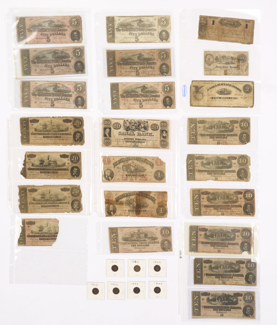 Lot 630: 23 pc. Assortment of Confederate and Obsolete Currency; plus Indian Head Cents