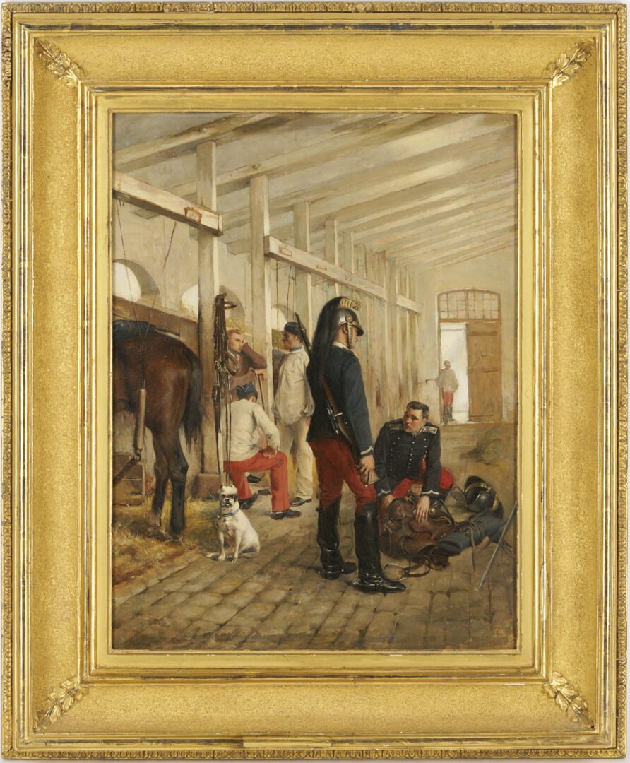 Lot 632: Henri Victor Lesur French Military Oil Painting, The Military Stable