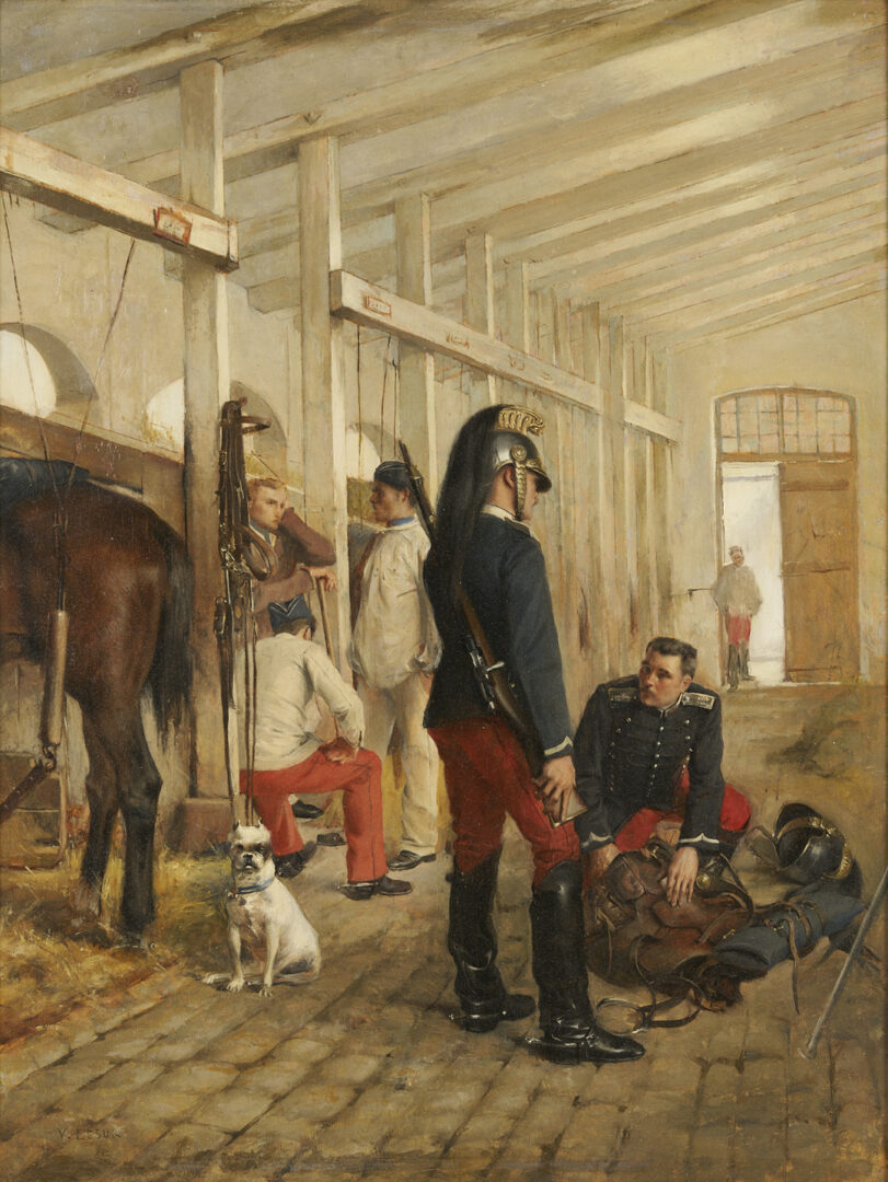 Lot 632: Henri Victor Lesur French Military Oil Painting, The Military Stable