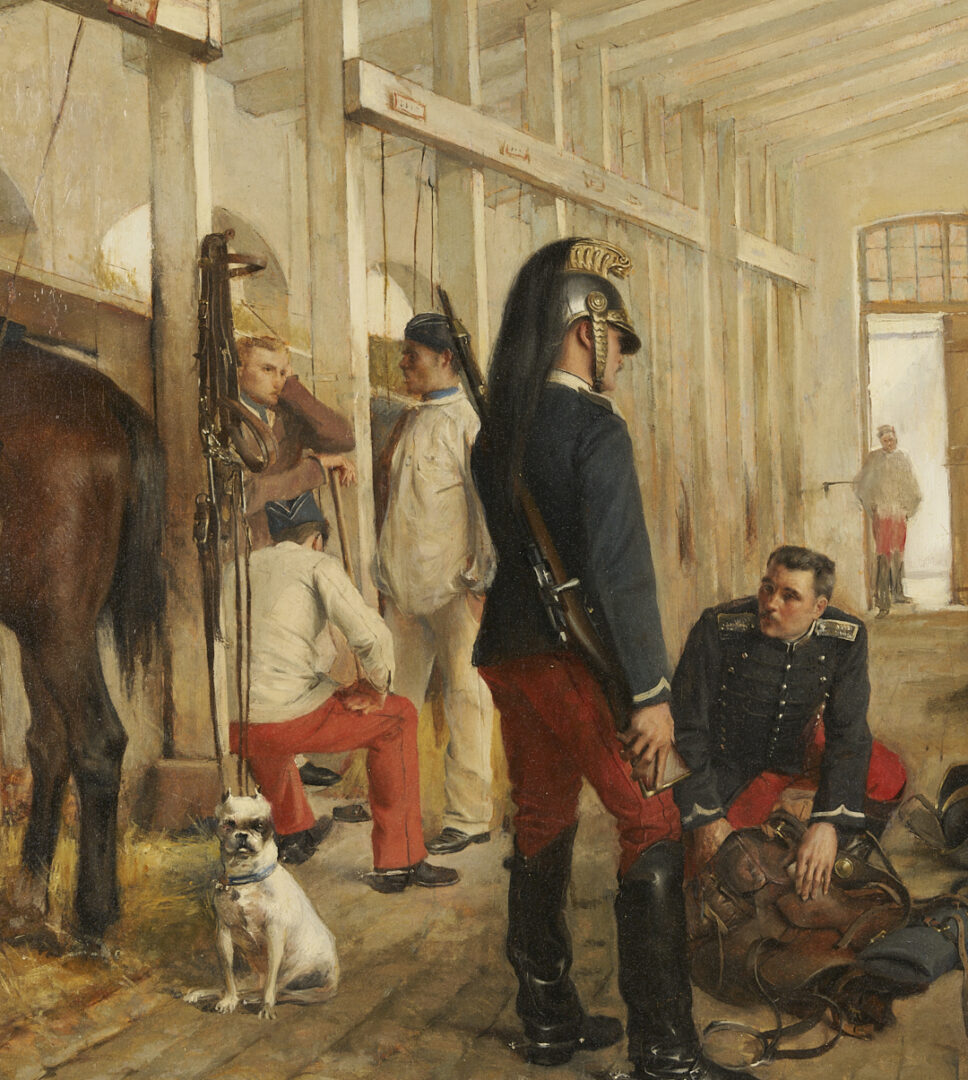 Lot 632: Henri Victor Lesur French Military Oil Painting, The Military Stable