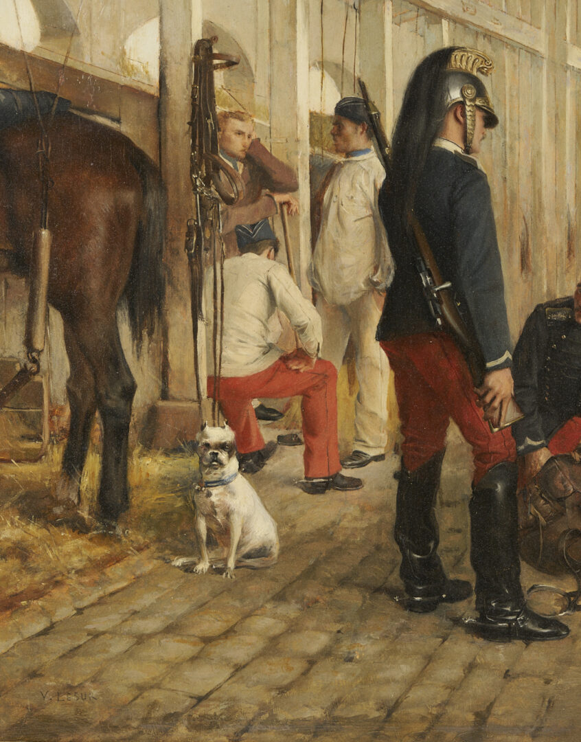 Lot 632: Henri Victor Lesur French Military Oil Painting, The Military Stable