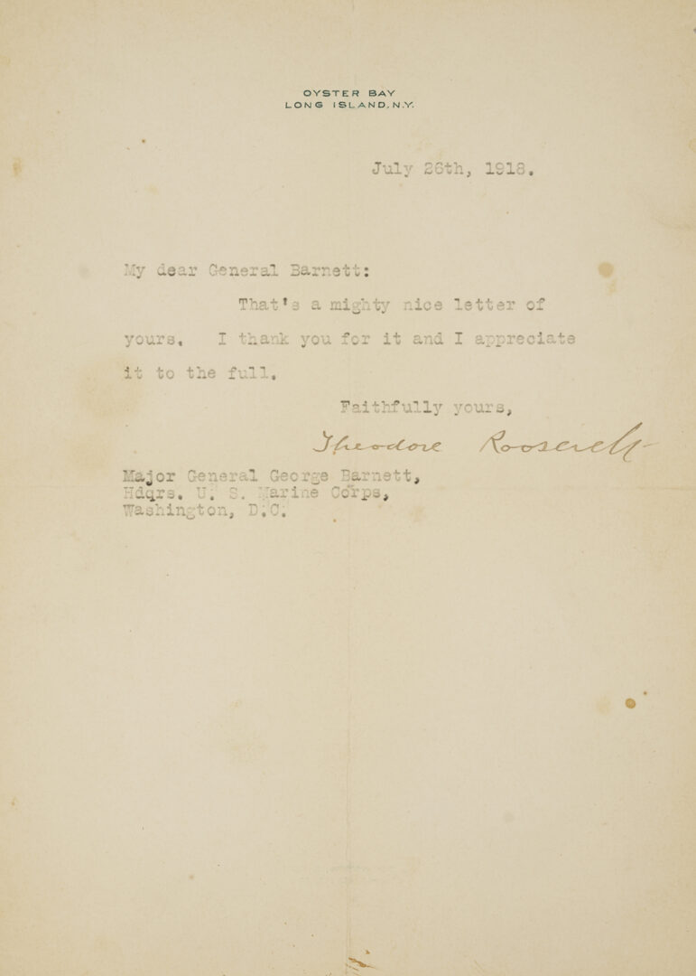 Lot 637: Theodore Roosevelt Signed Letter