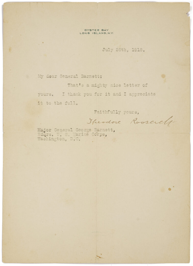 Lot 637: Theodore Roosevelt Signed Letter