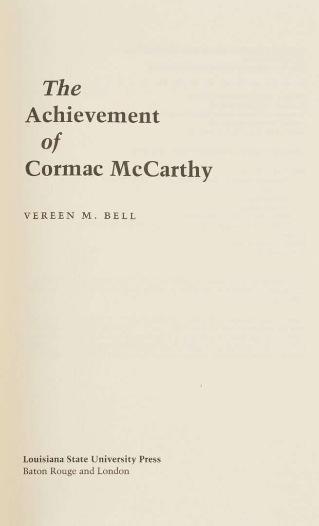 Lot 653: Cormac McCarthy, Outer Dark, 1st Edition, Signed; plus “The Achievement of Cormac McCarthy”