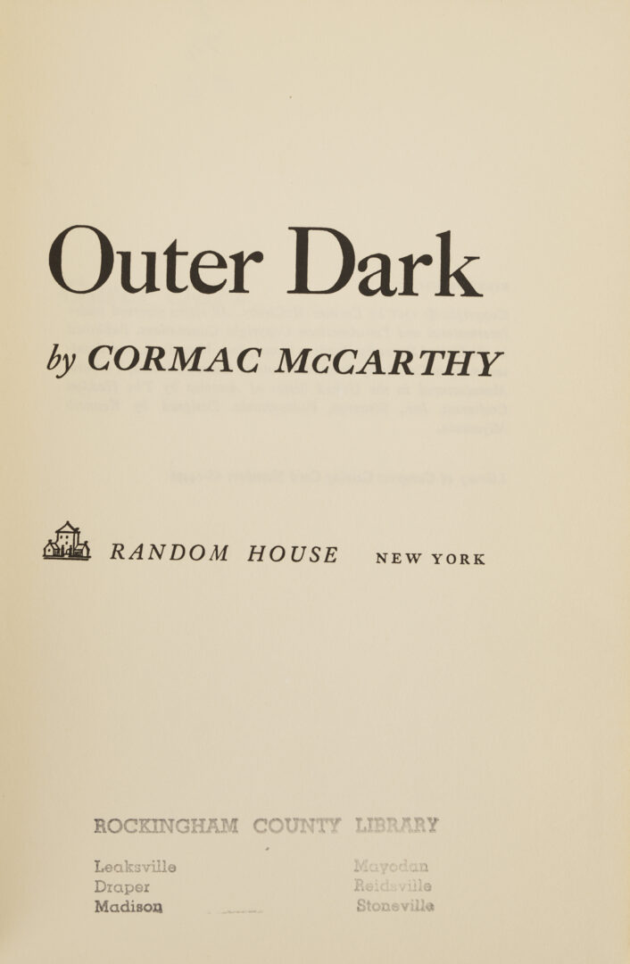 Lot 653: Cormac McCarthy, Outer Dark, 1st Edition, Signed; plus “The Achievement of Cormac McCarthy”