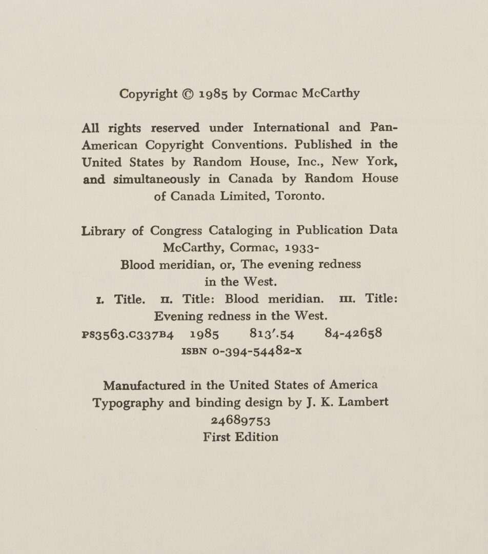 Lot 654: Cormac McCarthy Blood Meridian, 1st Edition