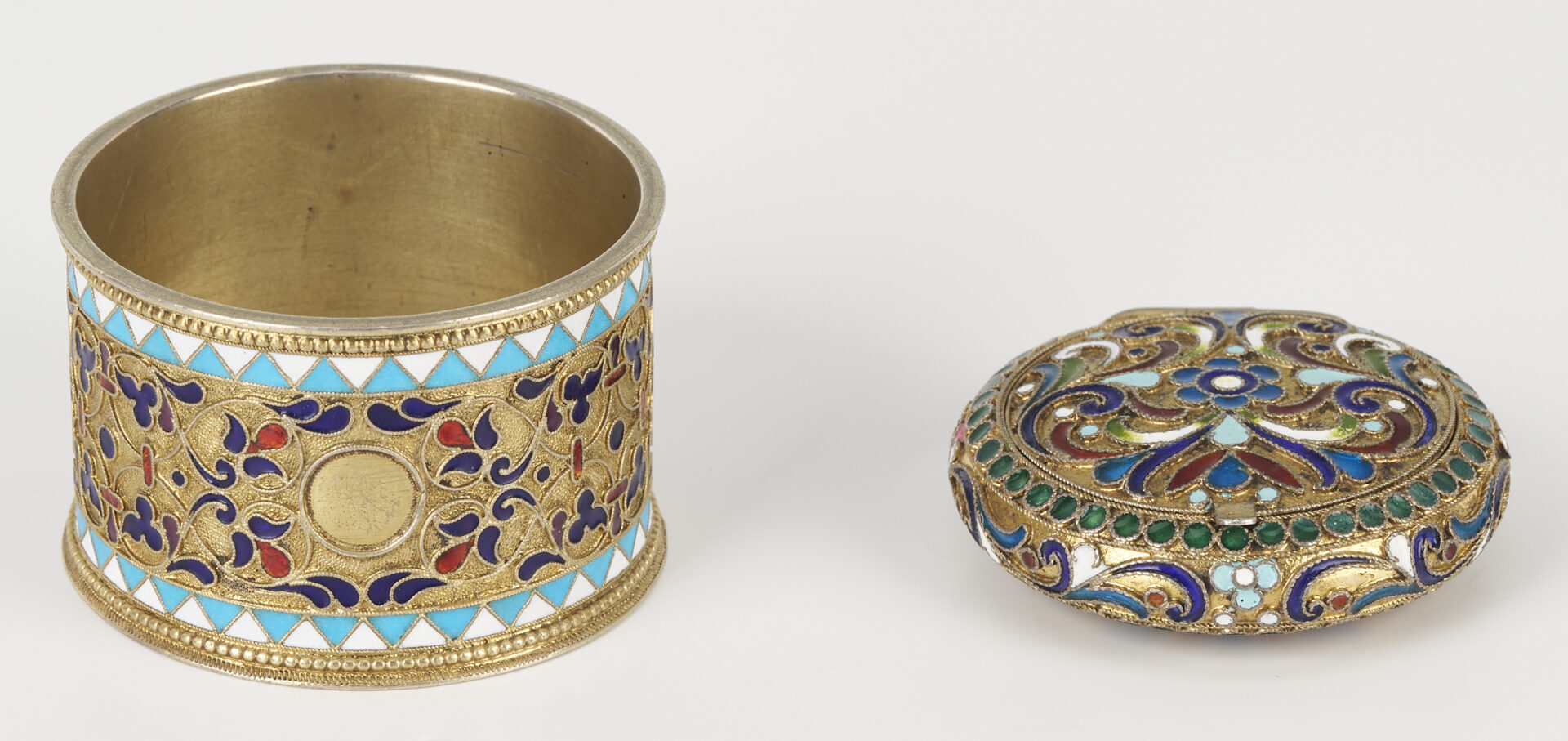 Lot 65: Russian Enameled Silver Napkin Ring and Compact