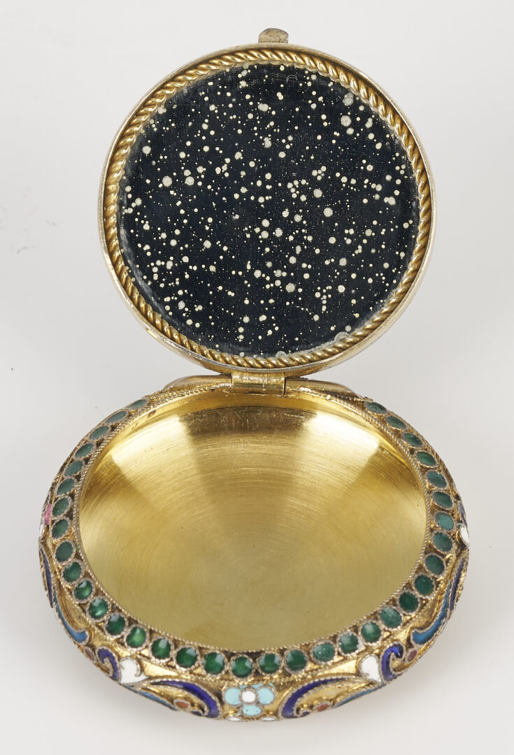 Lot 65: Russian Enameled Silver Napkin Ring and Compact