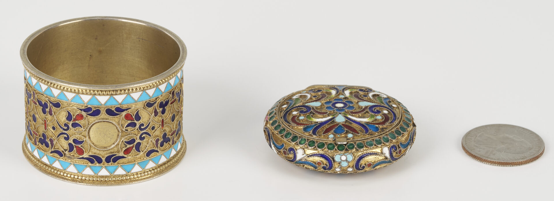 Lot 65: Russian Enameled Silver Napkin Ring and Compact