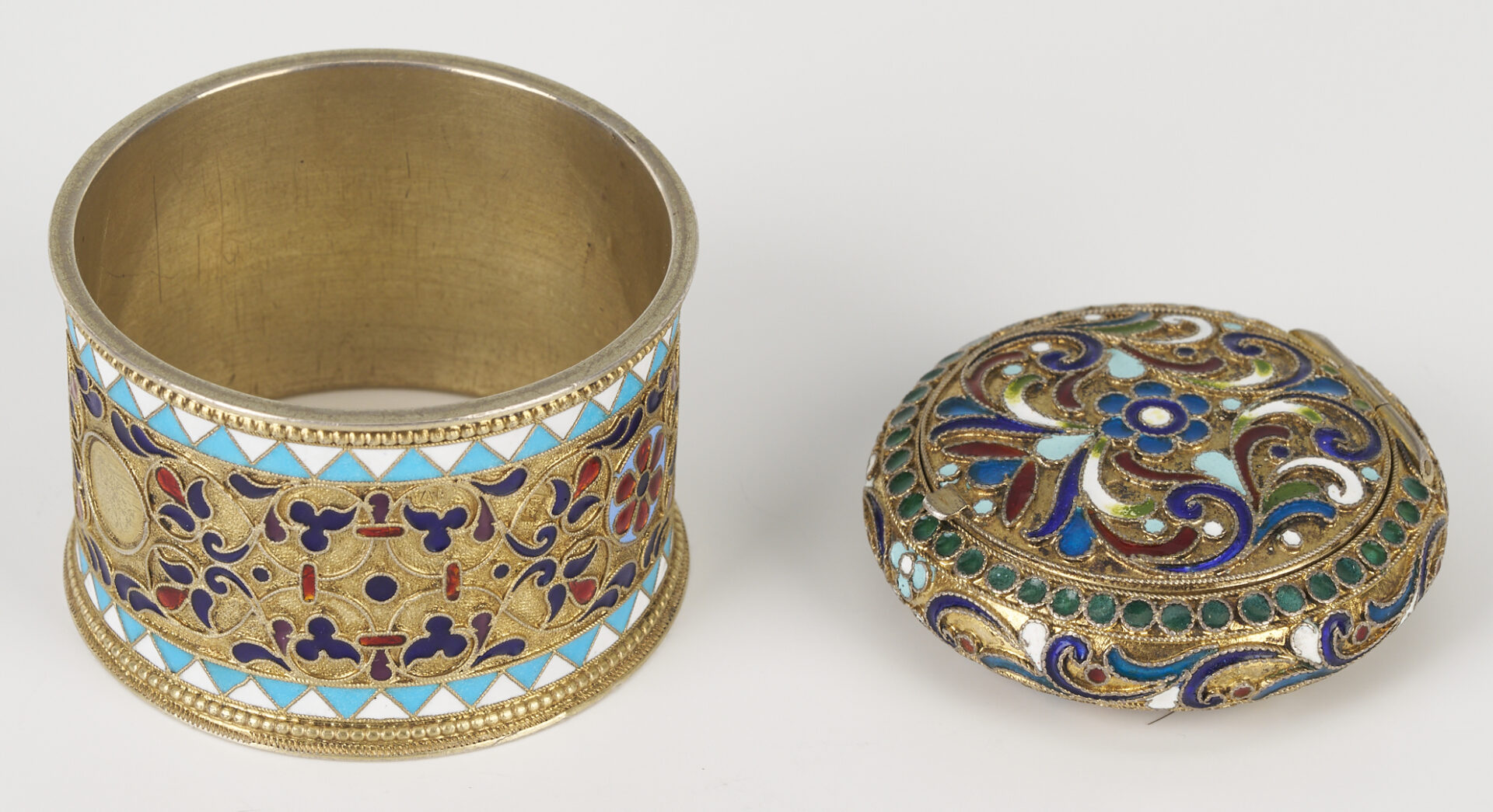 Lot 65: Russian Enameled Silver Napkin Ring and Compact