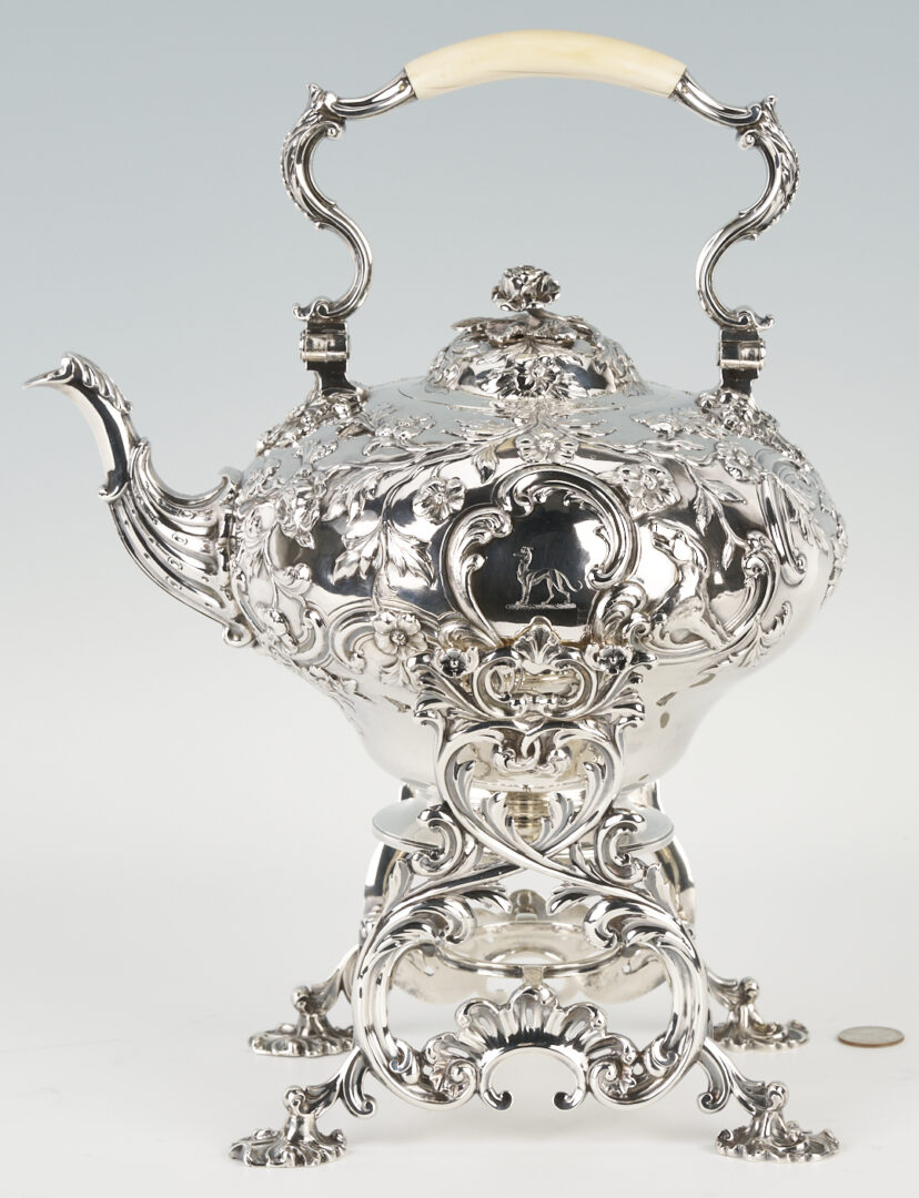 Lot 67: Geo. IV Sterling Silver Kettle on Stand with Greyhound and Hunting Motifs