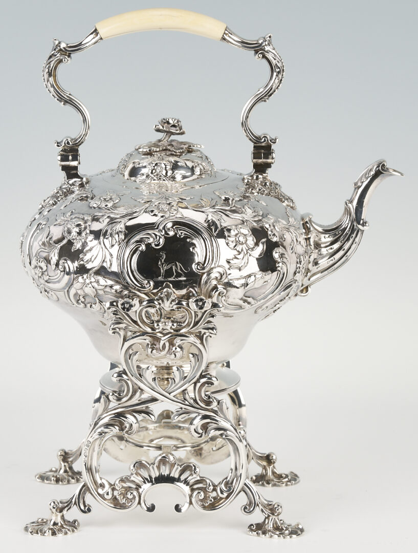 Lot 67: Geo. IV Sterling Silver Kettle on Stand with Greyhound and Hunting Motifs