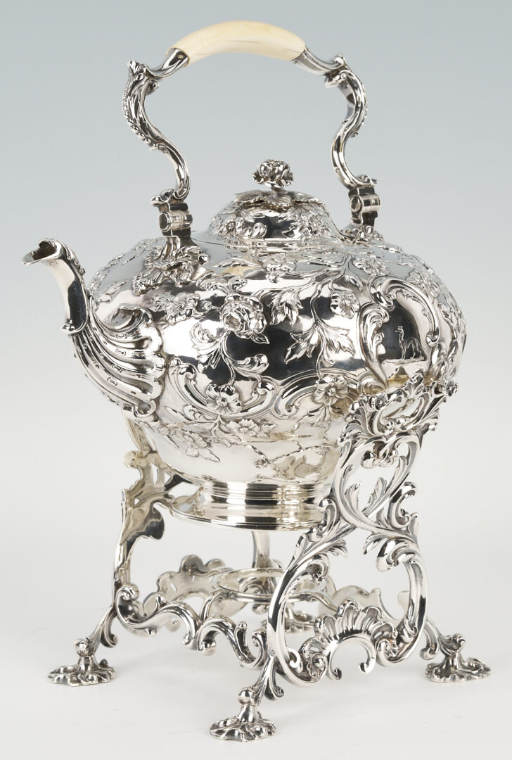 Lot 67: Geo. IV Sterling Silver Kettle on Stand with Greyhound and Hunting Motifs