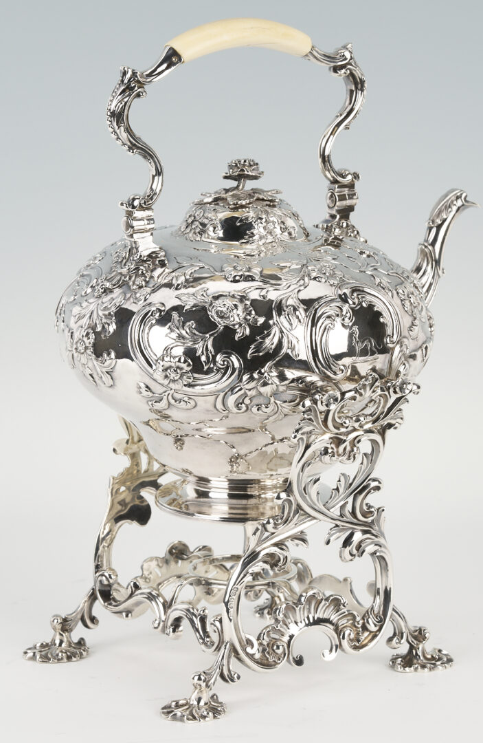 Lot 67: Geo. IV Sterling Silver Kettle on Stand with Greyhound and Hunting Motifs