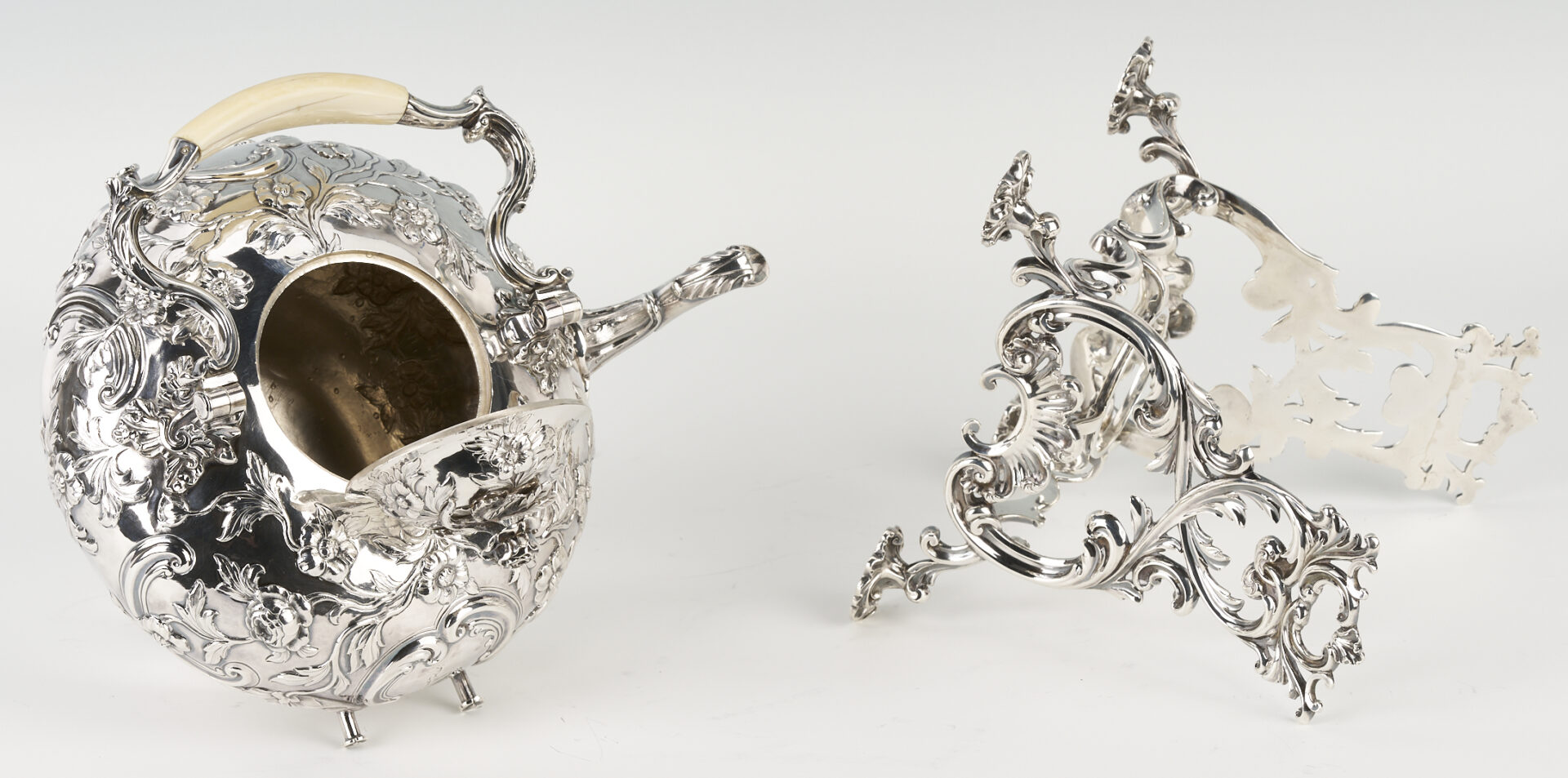 Lot 67: Geo. IV Sterling Silver Kettle on Stand with Greyhound and Hunting Motifs