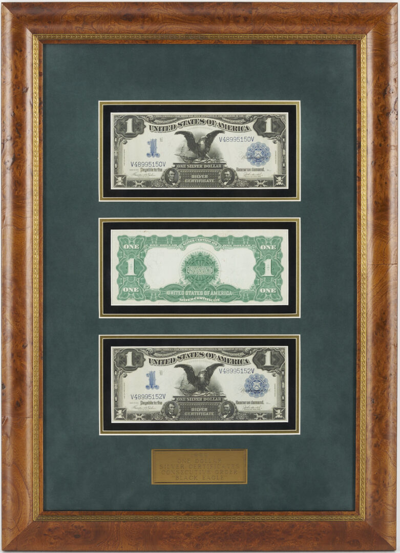 Lot 680: Three (3) Consecutive 1899 One Dollar Silver Certificates in Sequential Order, Framed