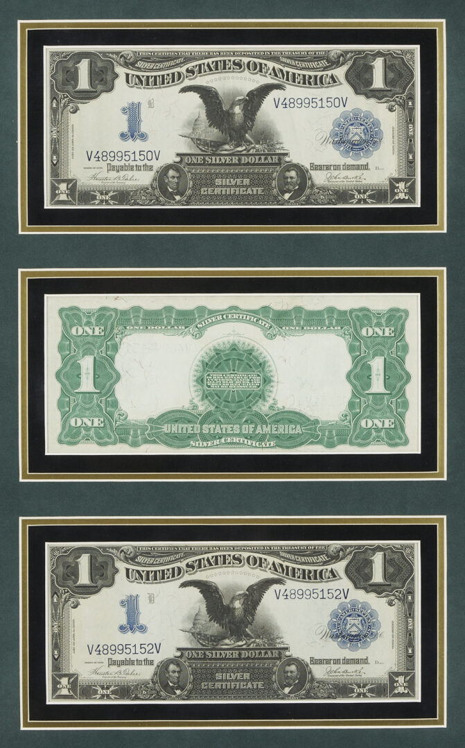 Lot 680: Three (3) Consecutive 1899 One Dollar Silver Certificates in Sequential Order, Framed