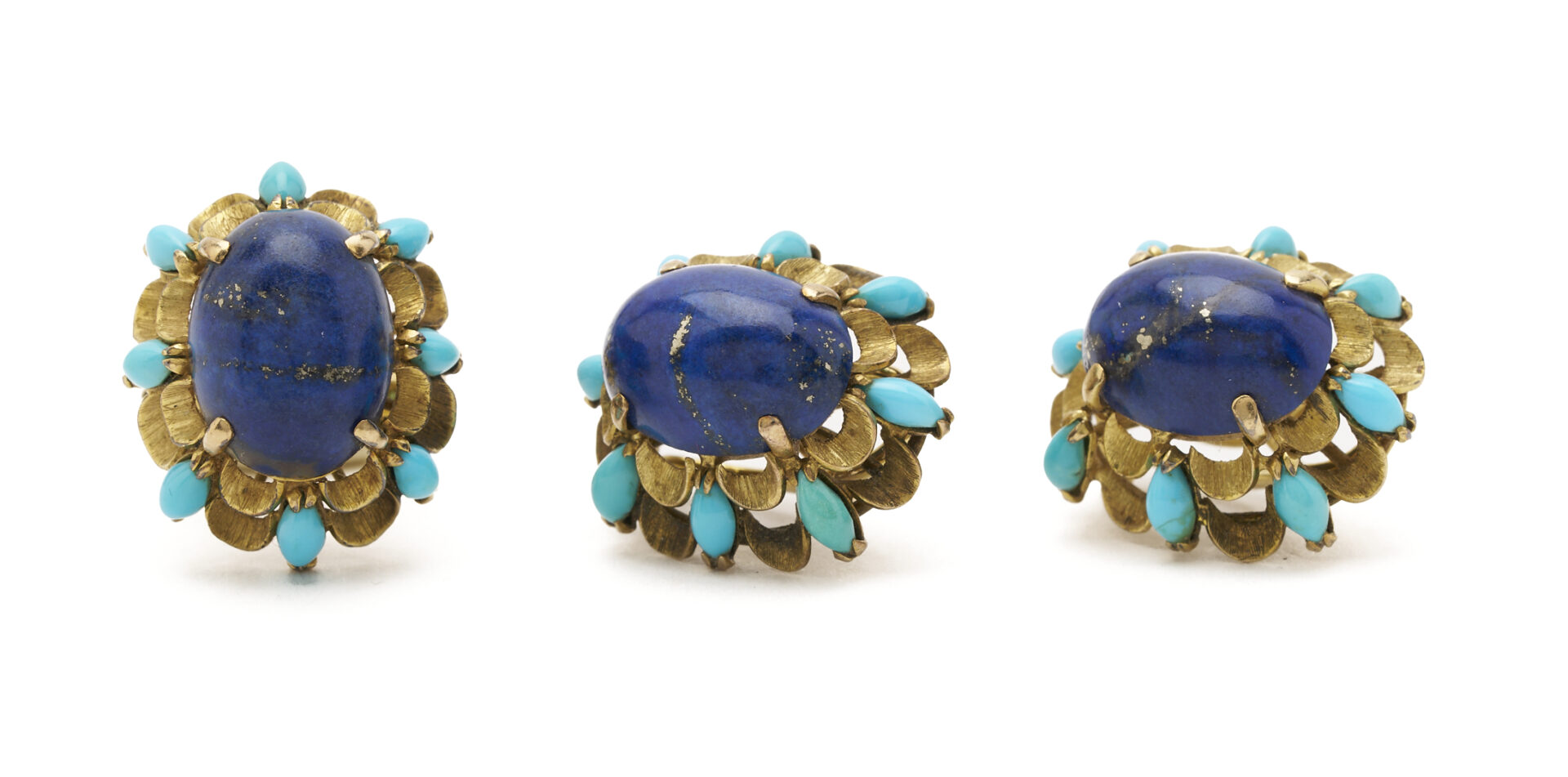 Lot 683: Lady's Vintage 18K Gold, Lapis, & Turquoise Earrings & Ring Set