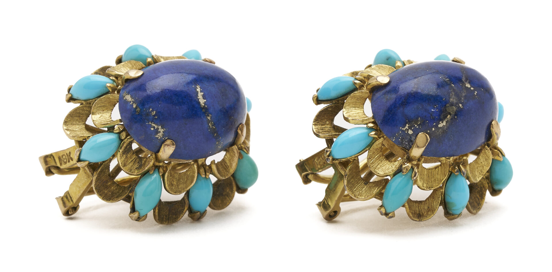 Lot 683: Lady's Vintage 18K Gold, Lapis, & Turquoise Earrings & Ring Set