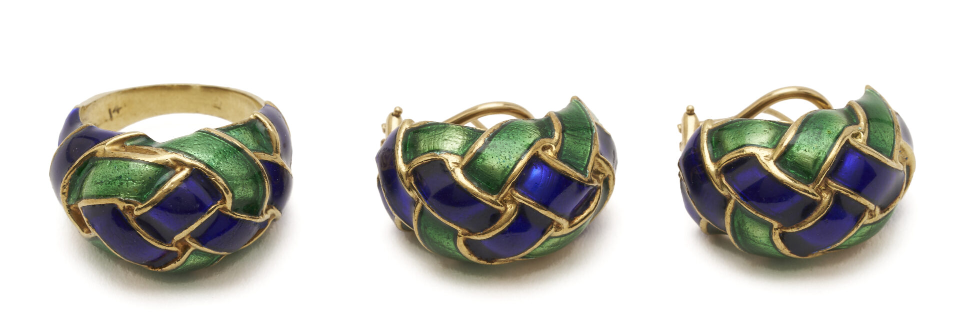 Lot 687: Lady's Vintage 14K Gold Blue & Green Enamel Earrings & Ring Set