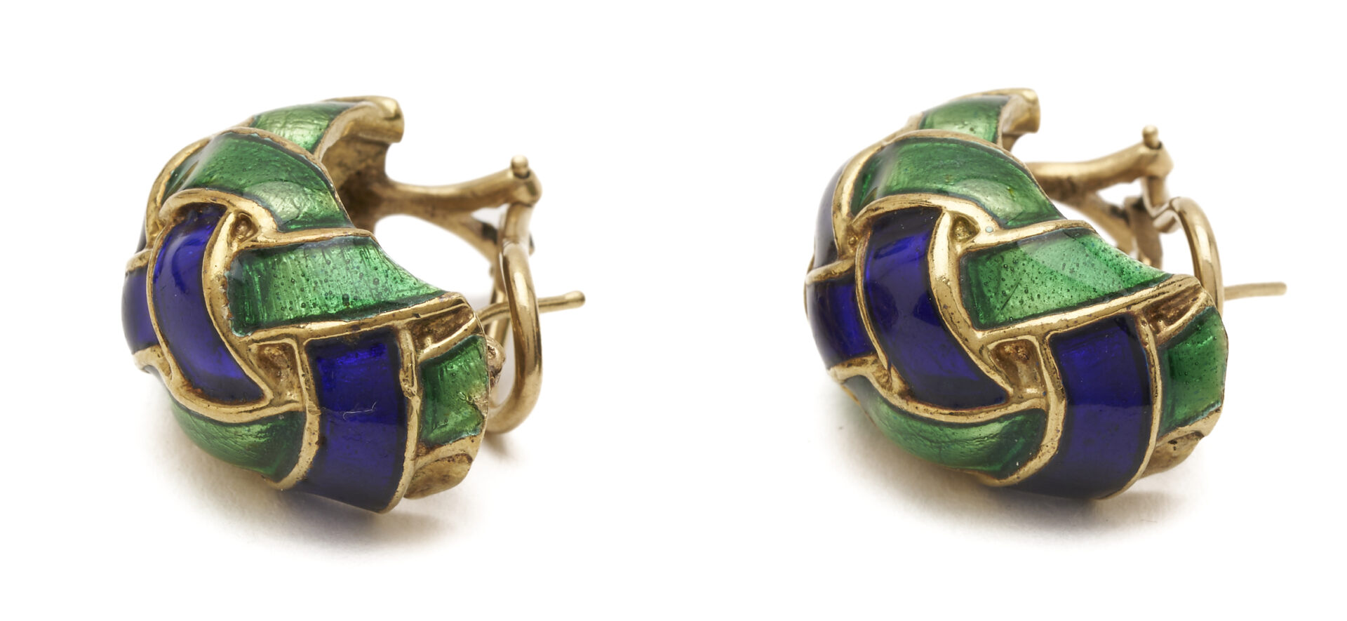 Lot 687: Lady's Vintage 14K Gold Blue & Green Enamel Earrings & Ring Set