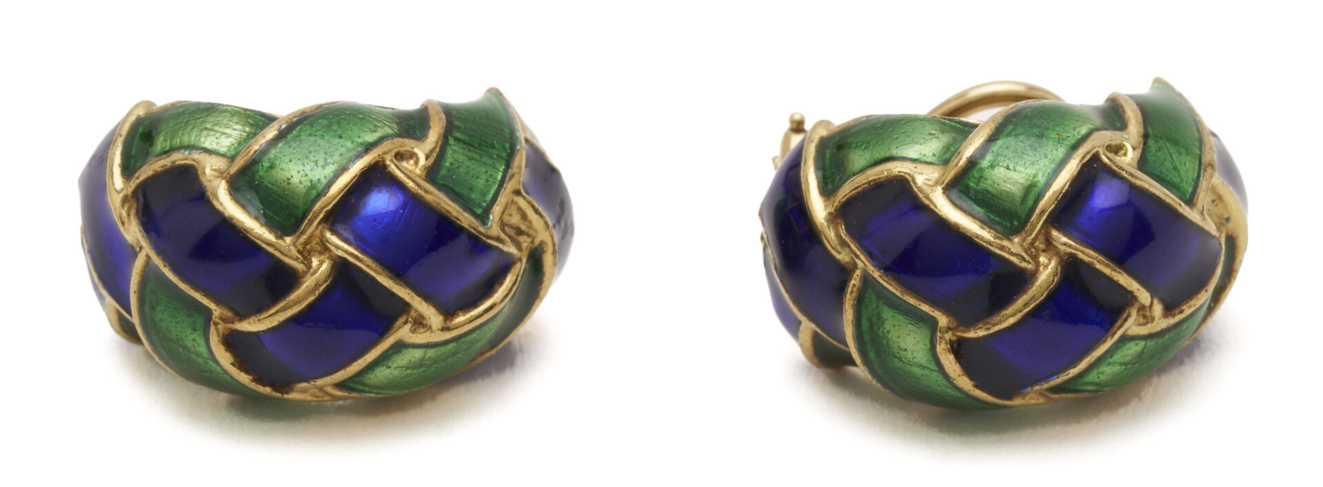 Lot 687: Lady's Vintage 14K Gold Blue & Green Enamel Earrings & Ring Set