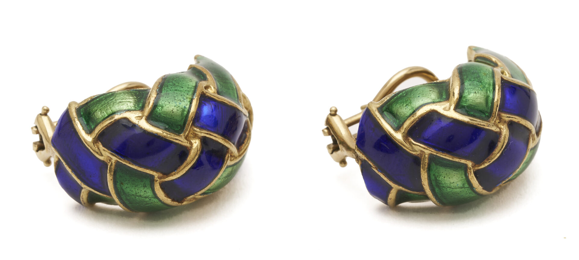 Lot 687: Lady's Vintage 14K Gold Blue & Green Enamel Earrings & Ring Set