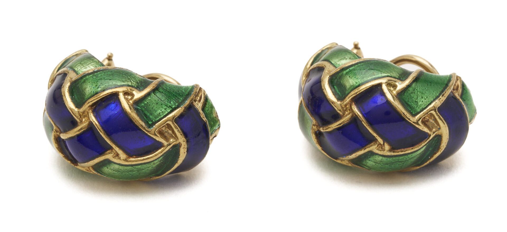 Lot 687: Lady's Vintage 14K Gold Blue & Green Enamel Earrings & Ring Set