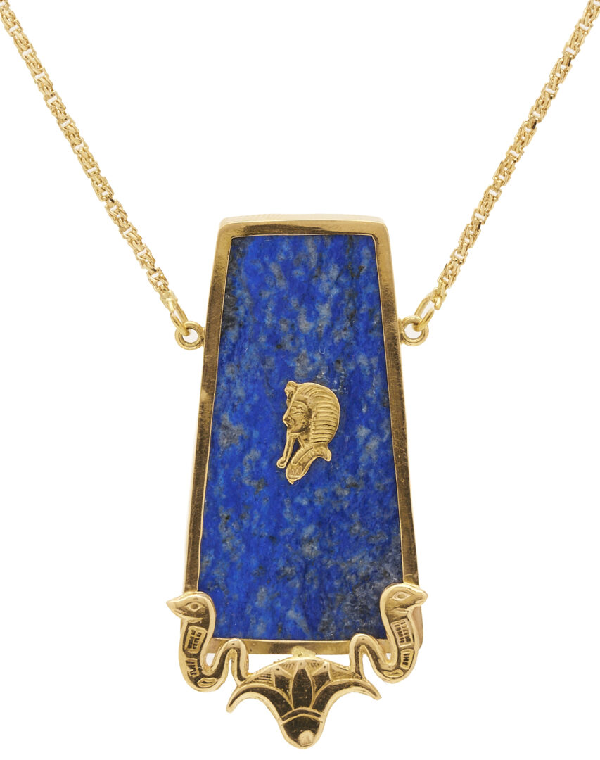 Lot 692: 18K Gold Egyptian Necklace w/ Lapis Pendant