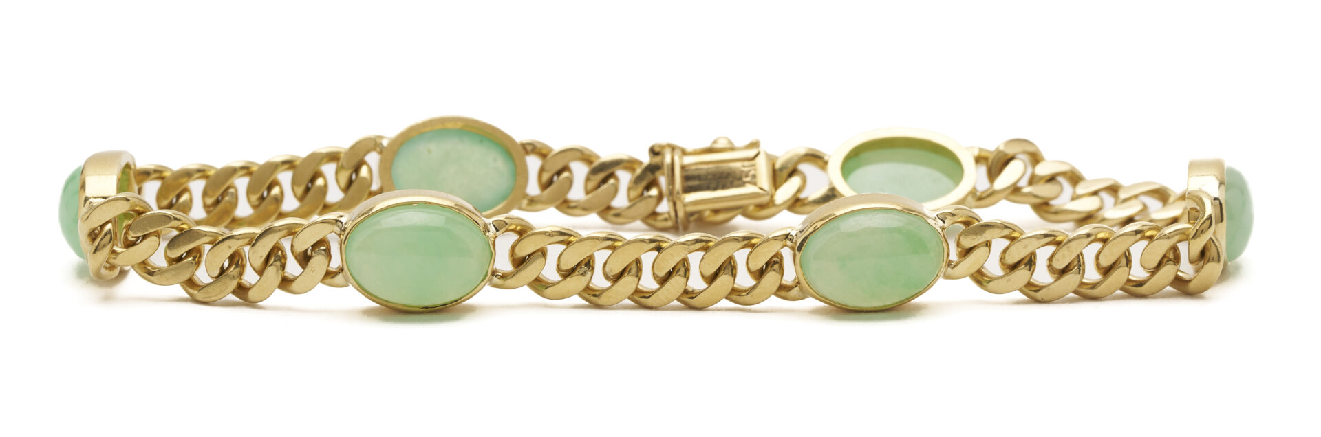 Lot 695: Lady's Vintage 18K Gold Flat Curb & Jadite Jade Bracelet