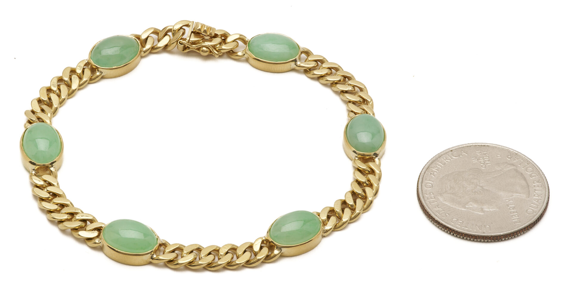 Lot 695: Lady's Vintage 18K Gold Flat Curb & Jadite Jade Bracelet