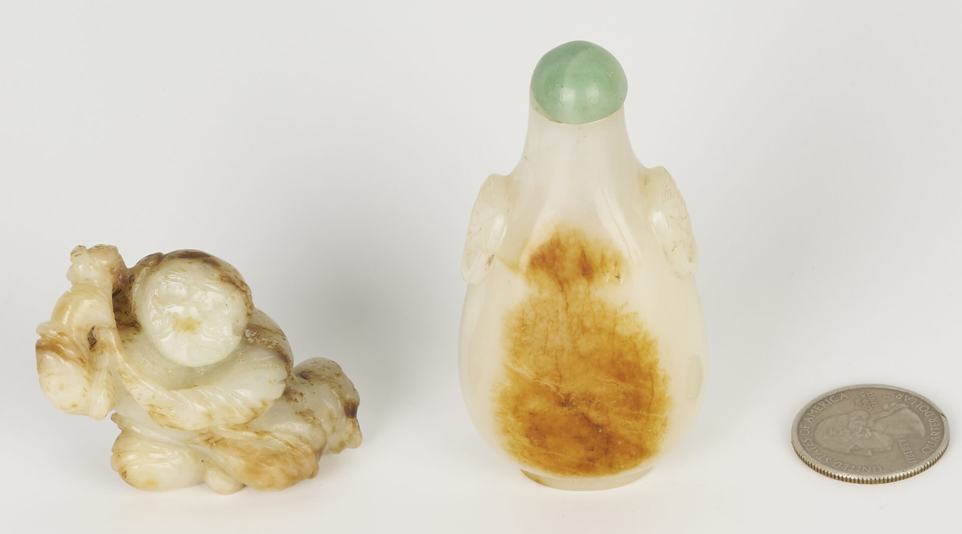 Lot 6: 2 Chinese Carved White Jade Items, Snuff Bottle & Figural