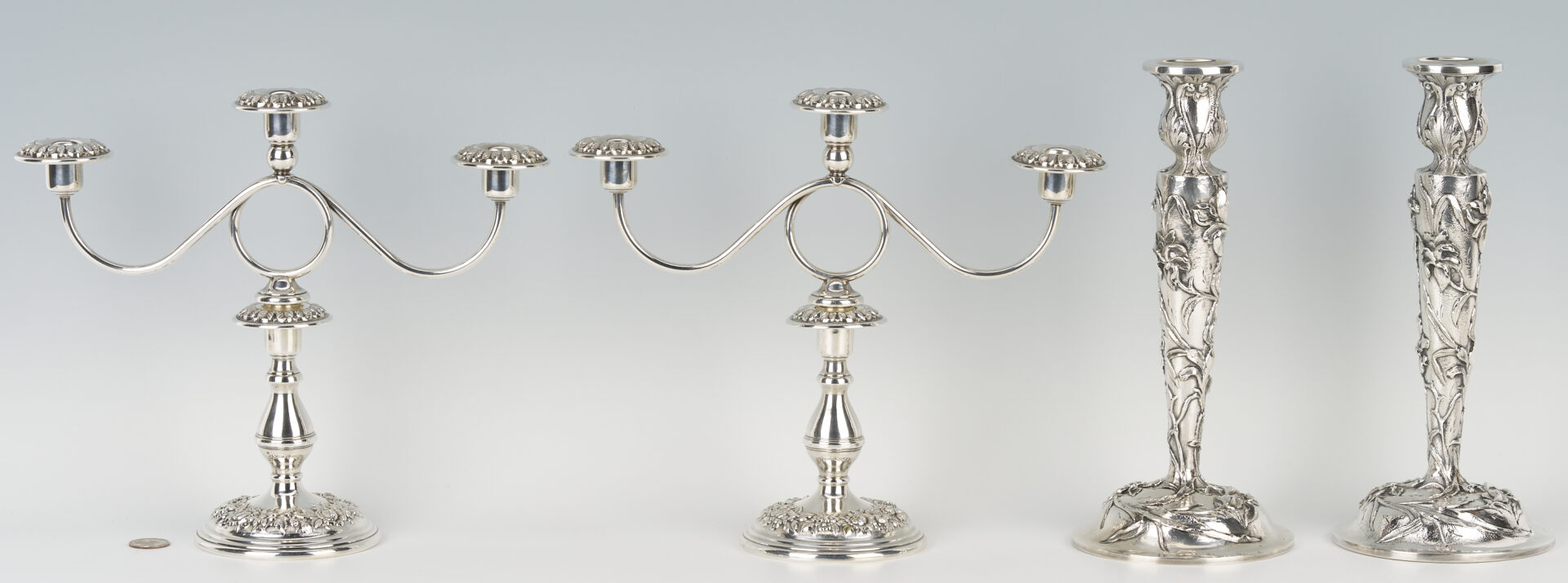 Lot 711: Kirk Sterling Candelabra and Candlesticks, 2 Pairs (4 total)