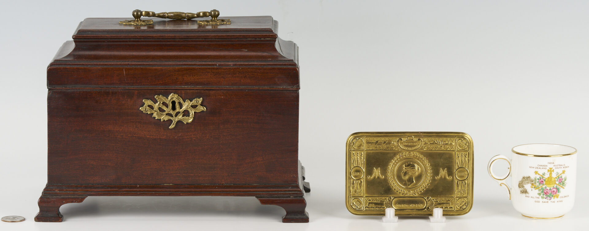 Lot 724: English Mahogany Tea Caddy, King Edward Coronation Cup & WWI Brass Gift Box – 3 pcs