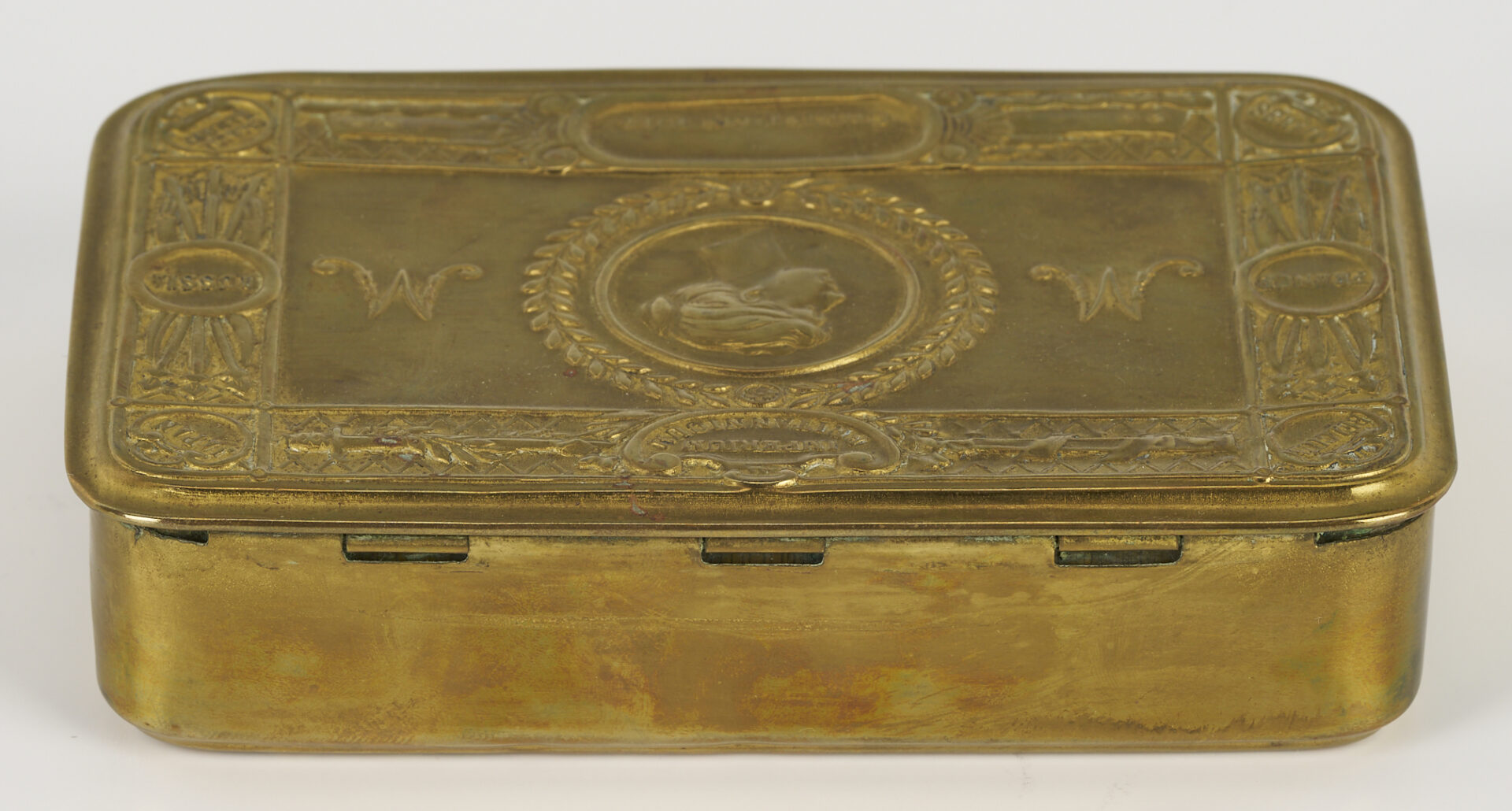 Lot 724: English Mahogany Tea Caddy, King Edward Coronation Cup & WWI Brass Gift Box – 3 pcs