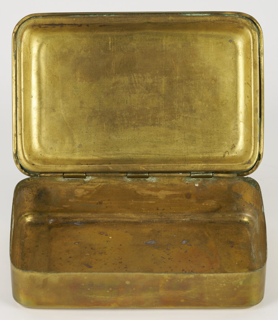 Lot 724: English Mahogany Tea Caddy, King Edward Coronation Cup & WWI Brass Gift Box – 3 pcs